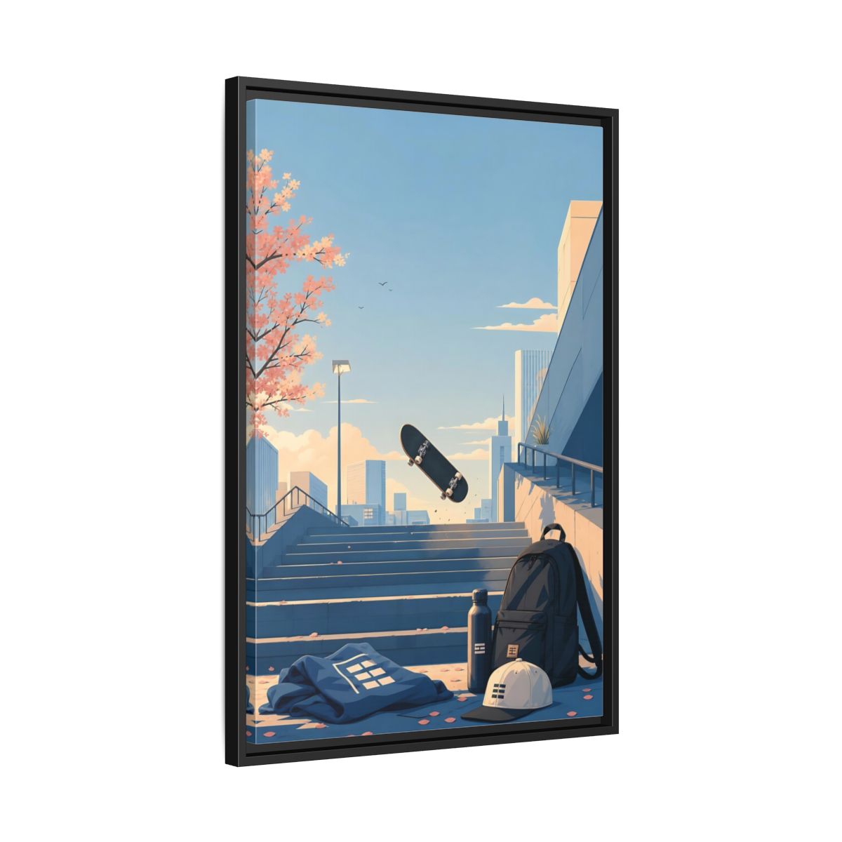 Side Mockup 14. Skateboard Over Stairs shown as framed canvas print