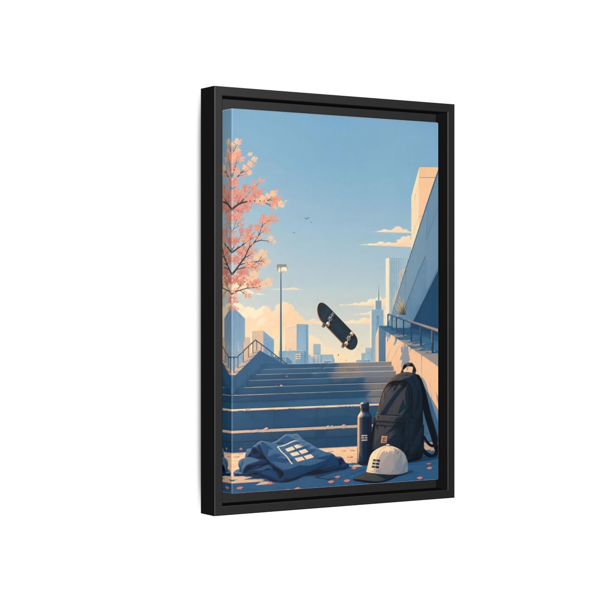 Side Mockup 6. Skateboard Over Stairs shown as framed canvas print