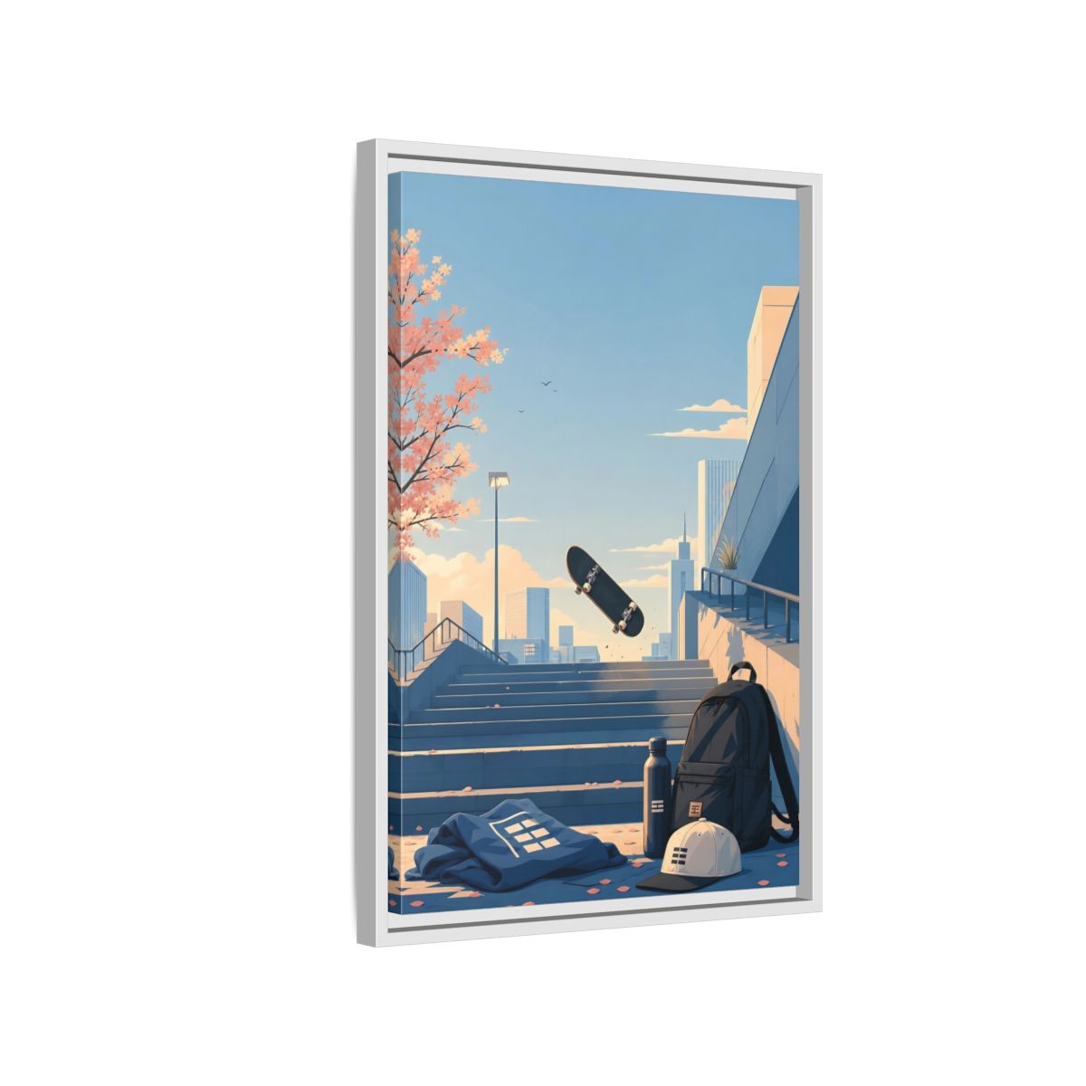 Side Mockup 1. Skateboard Over Stairs shown as framed canvas print