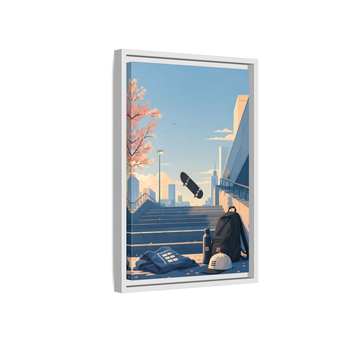 Side Mockup 4. Skateboard Over Stairs shown as framed canvas print