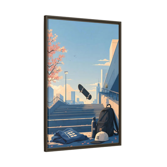 Main Mockup. Skateboard Over Stairs shown as framed canvas print