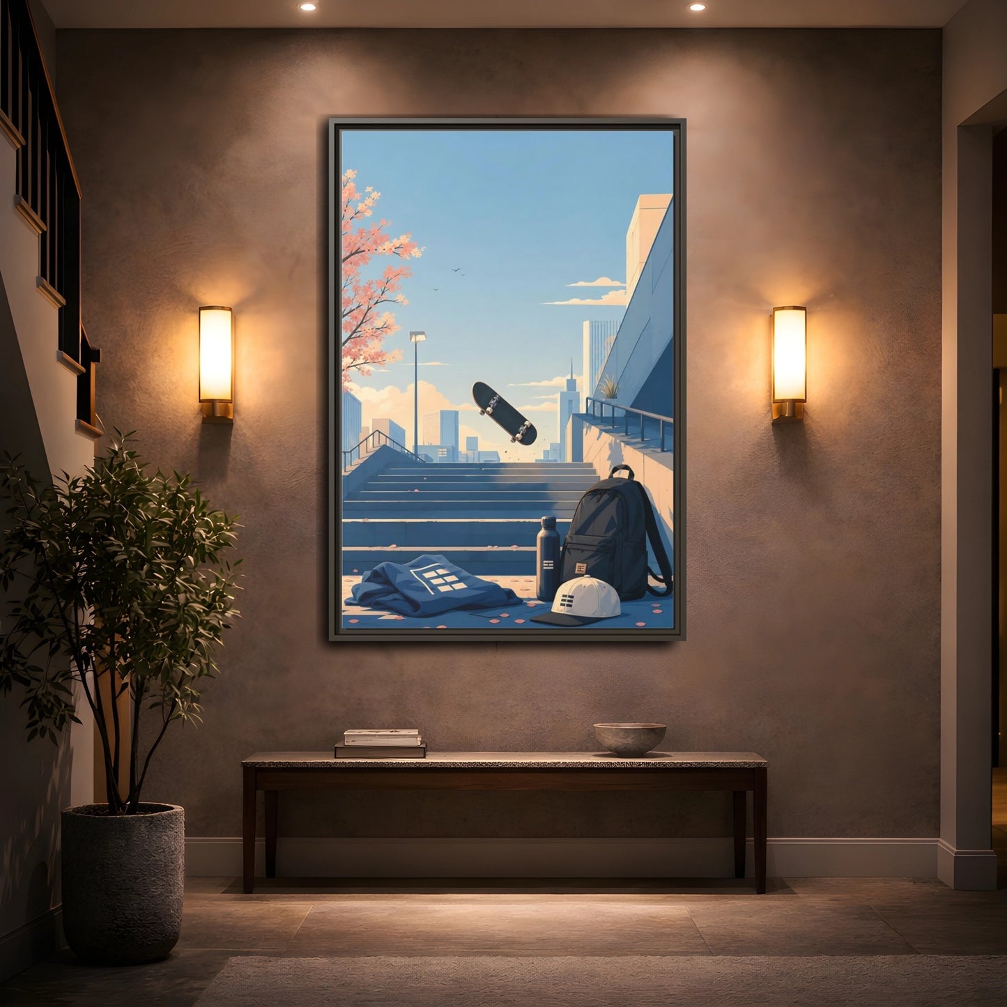Mockup 2. Skateboard Over Stairs shown as framed canvas print