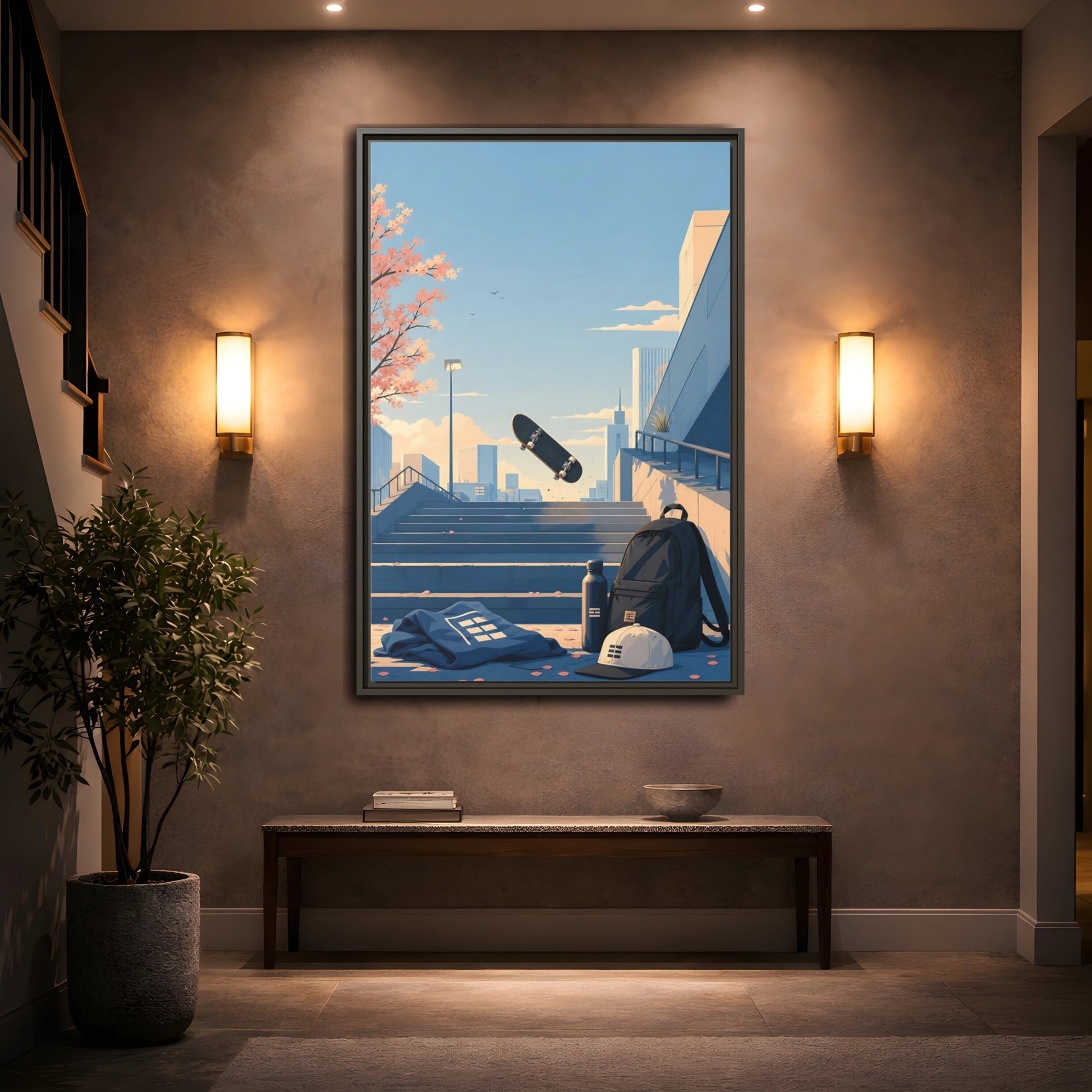 Mockup 2. Skateboard Over Stairs shown as framed canvas print