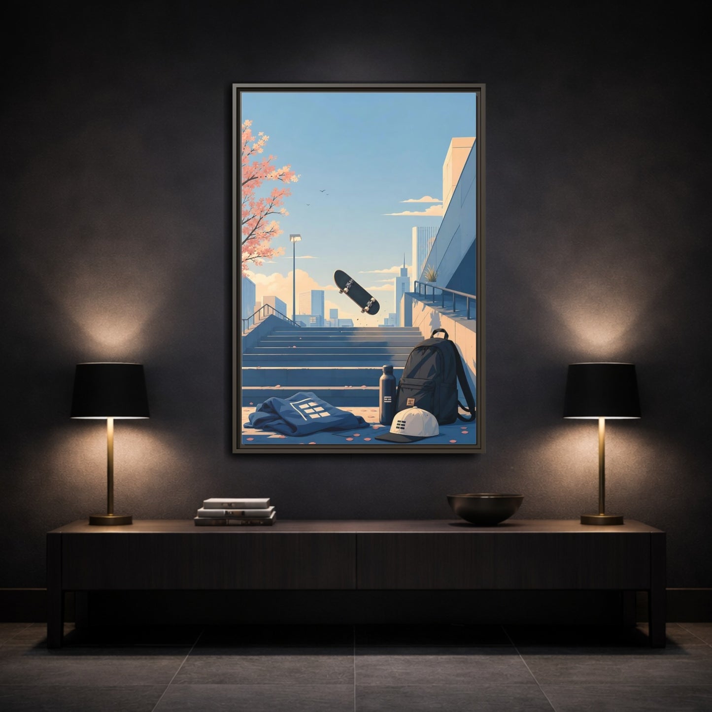 Mockup 3. Skateboard Over Stairs shown as framed canvas print