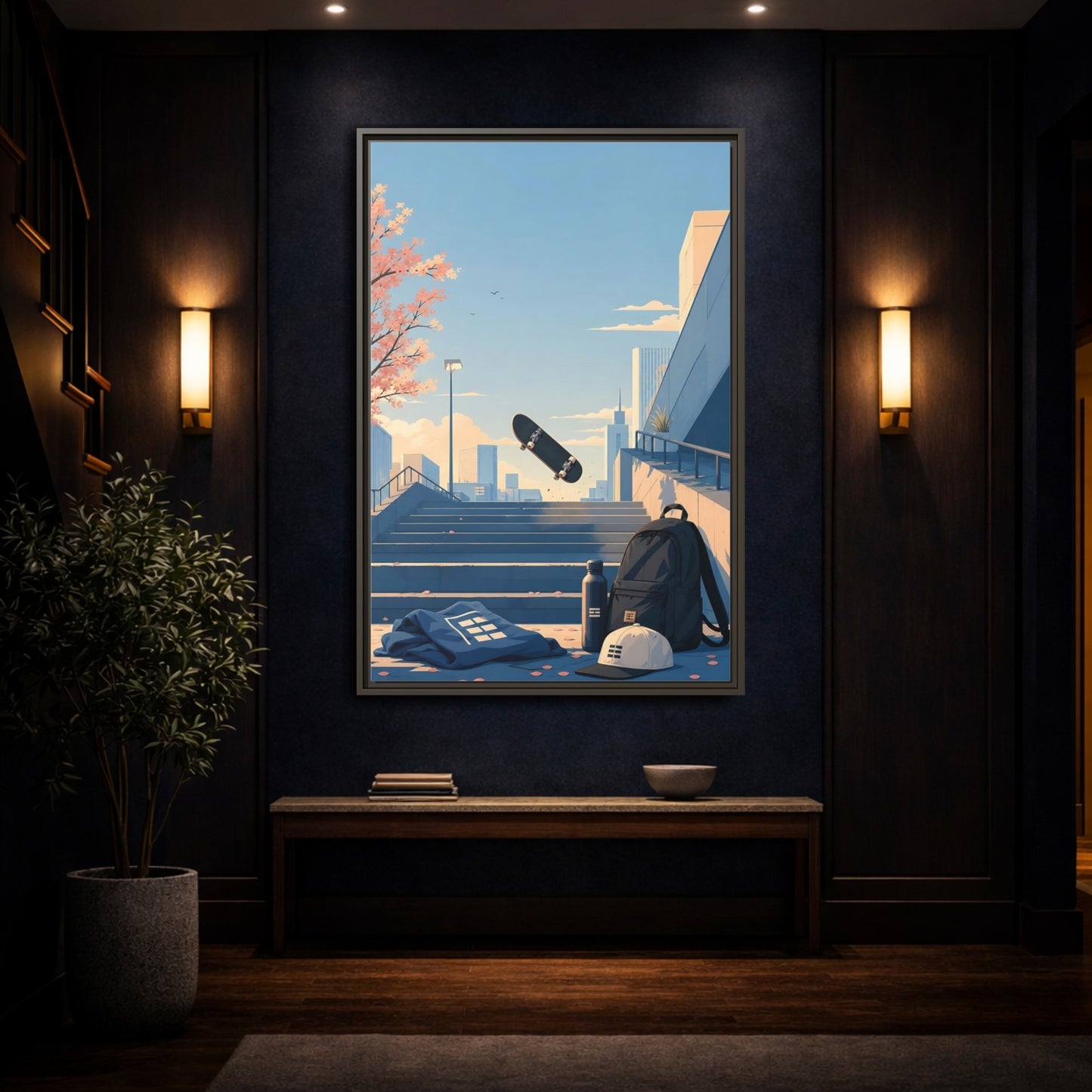 Mockup 4. Skateboard Over Stairs shown as framed canvas print