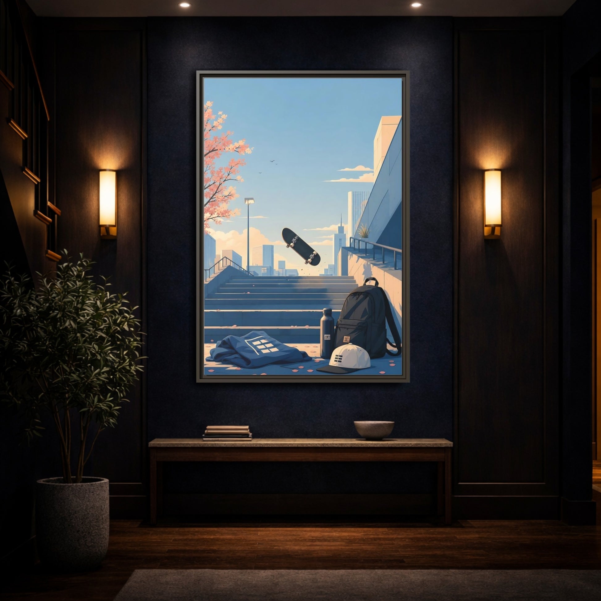 Mockup 4. Skateboard Over Stairs shown as framed canvas print