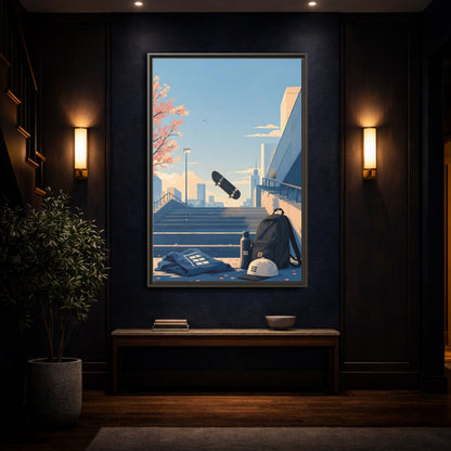 Mockup 4. Skateboard Over Stairs shown as framed canvas print