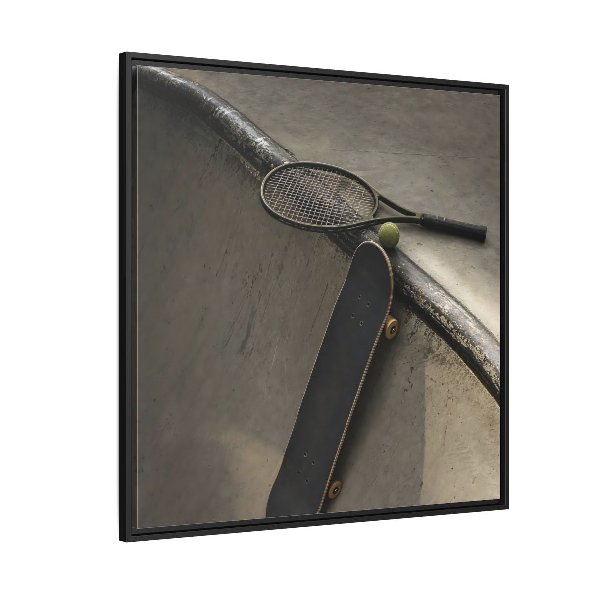 Side Mockup 6. Skatepark Gear Still Life shown as framed canvas print