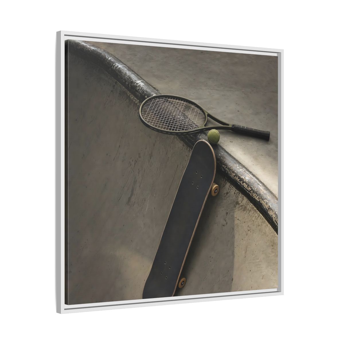 Side Mockup 25. Skatepark Gear Still Life shown as framed canvas print