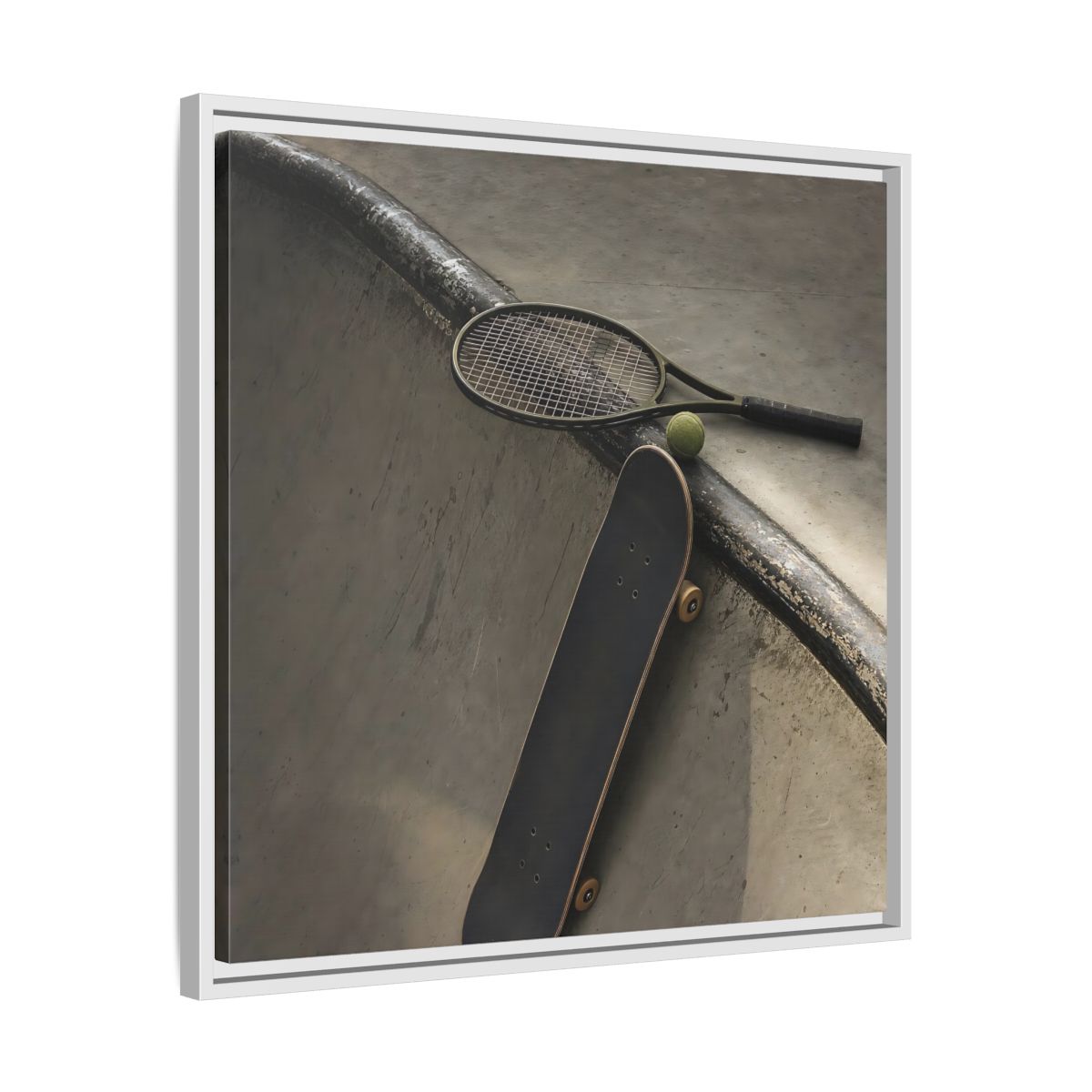 Side Mockup 26. Skatepark Gear Still Life shown as framed canvas print