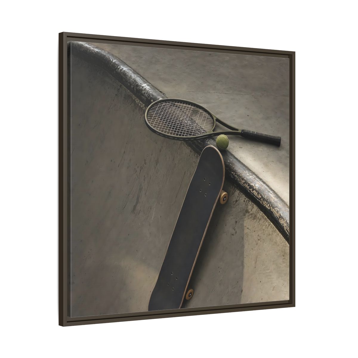 Main Mockup. Skatepark Gear Still Life shown as framed canvas print