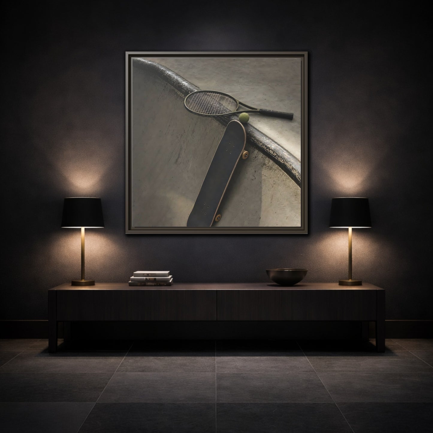Mockup 3. Skatepark Gear Still Life shown as framed canvas print