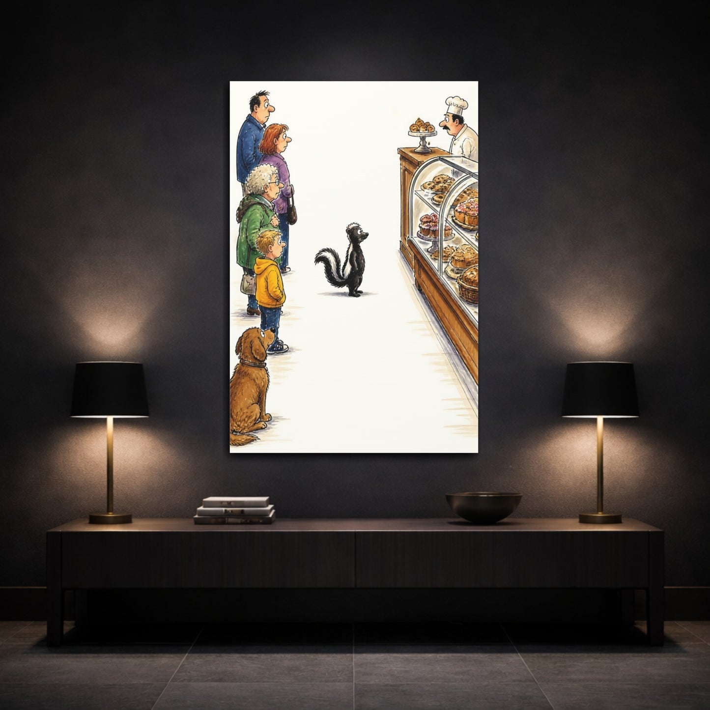 Mockup 3. Skunk At The Bakery shown as canvas print