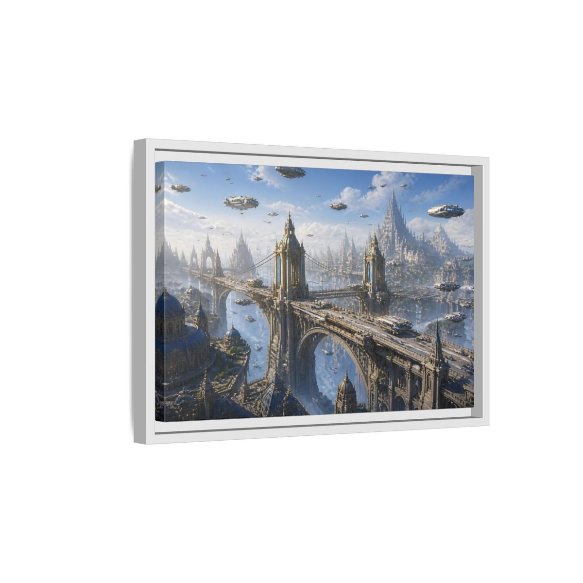 Side Mockup 4. Skyborne City Bridge shown as framed canvas print