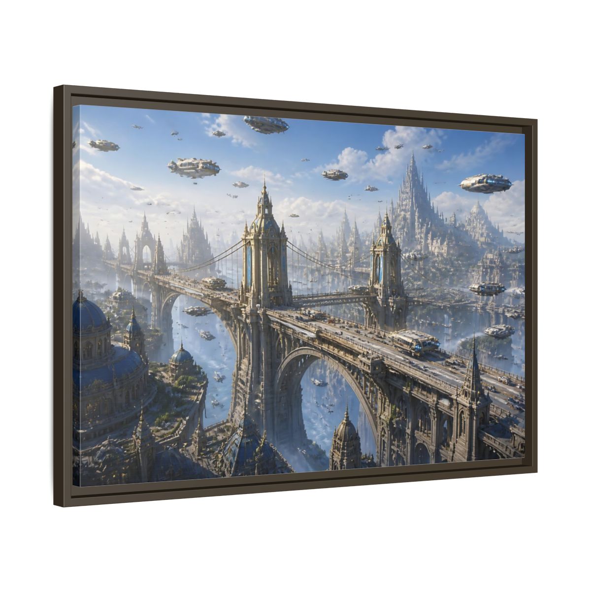 Side Mockup 11. Skyborne City Bridge shown as framed canvas print