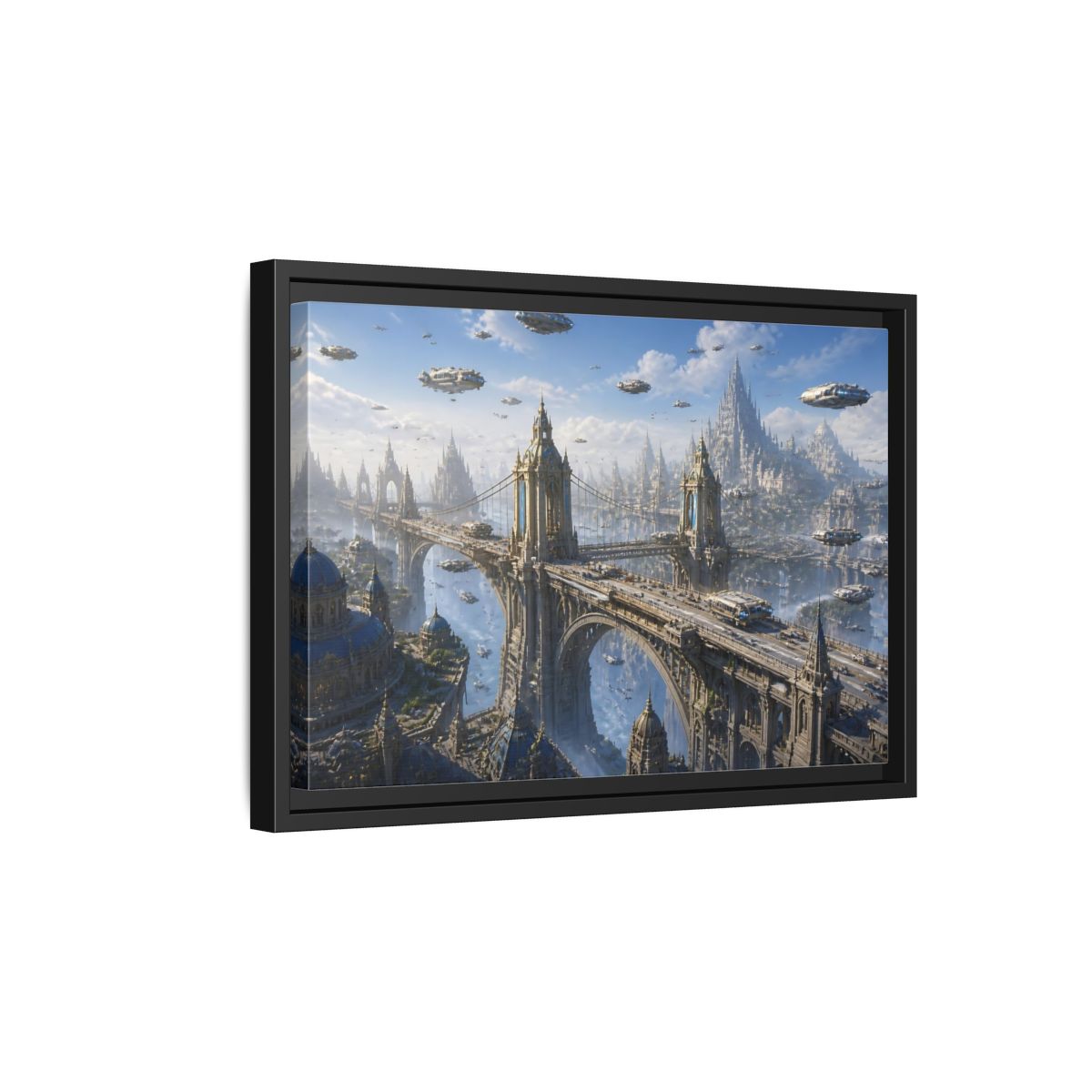 Side Mockup 6. Skyborne City Bridge shown as framed canvas print