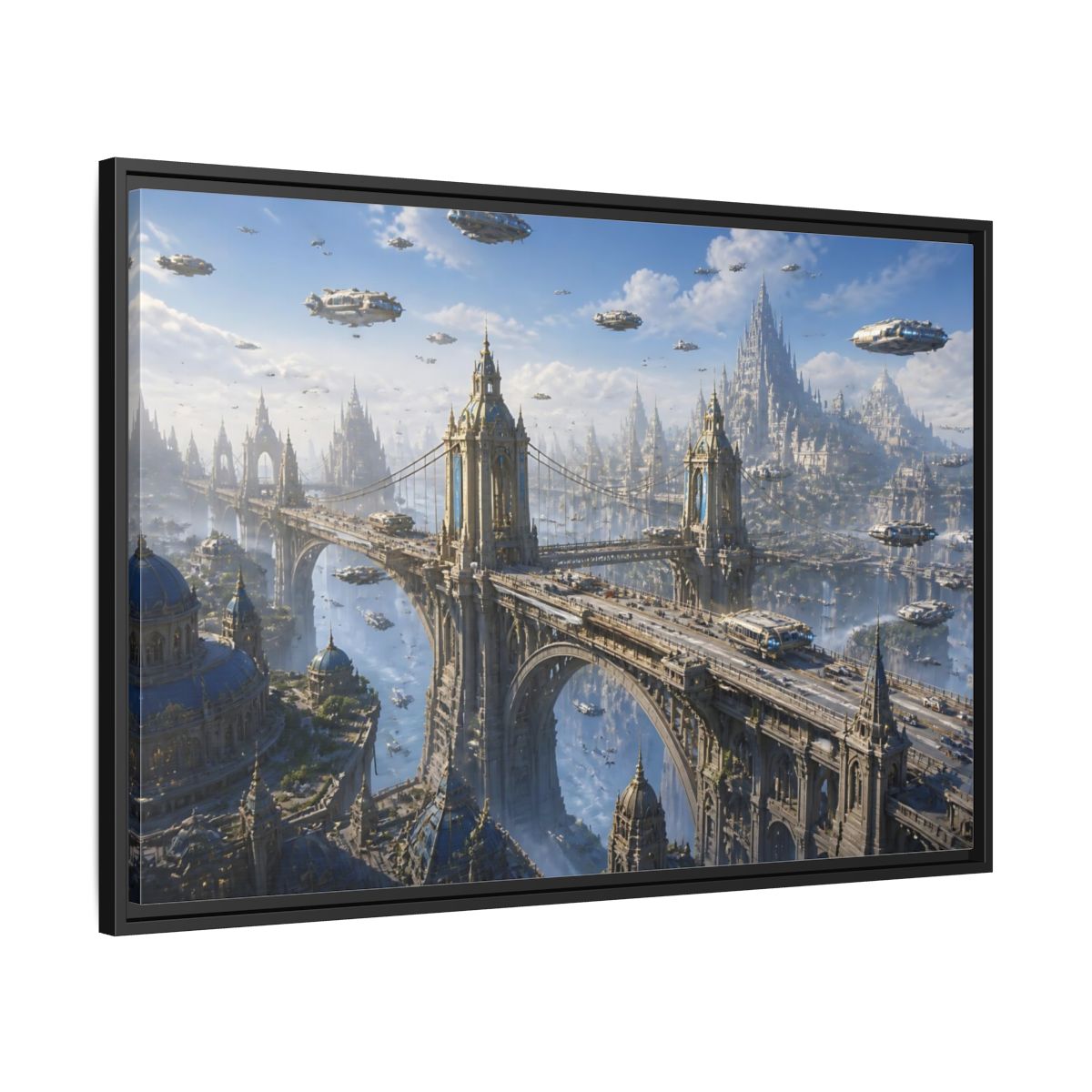 Side Mockup 13. Skyborne City Bridge shown as framed canvas print