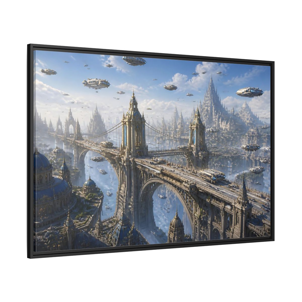 Side Mockup 12. Skyborne City Bridge shown as framed canvas print
