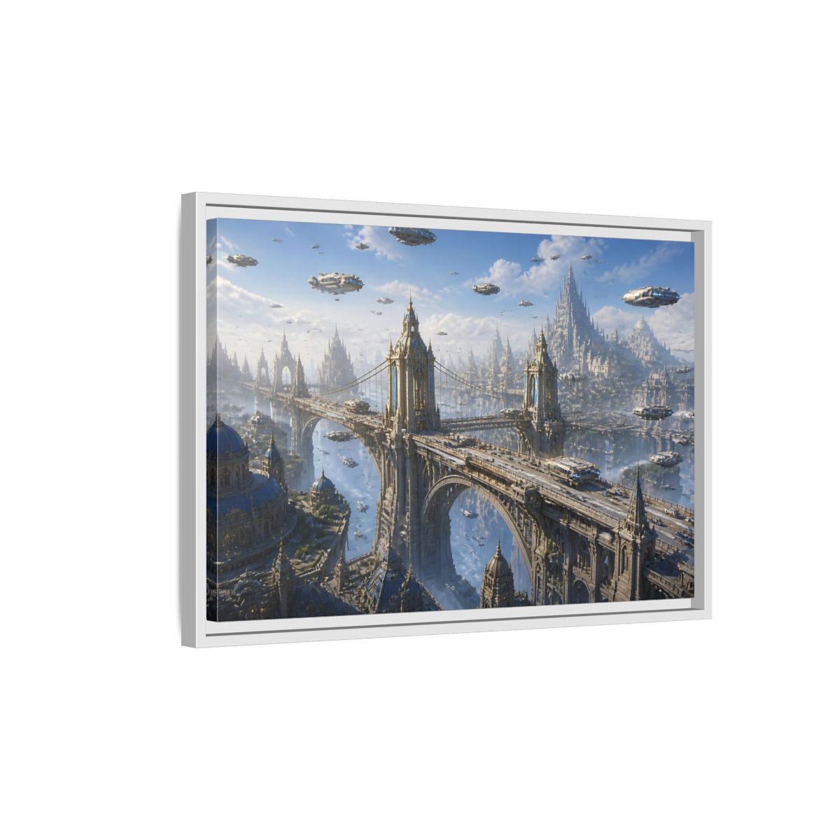Side Mockup 1. Skyborne City Bridge shown as framed canvas print