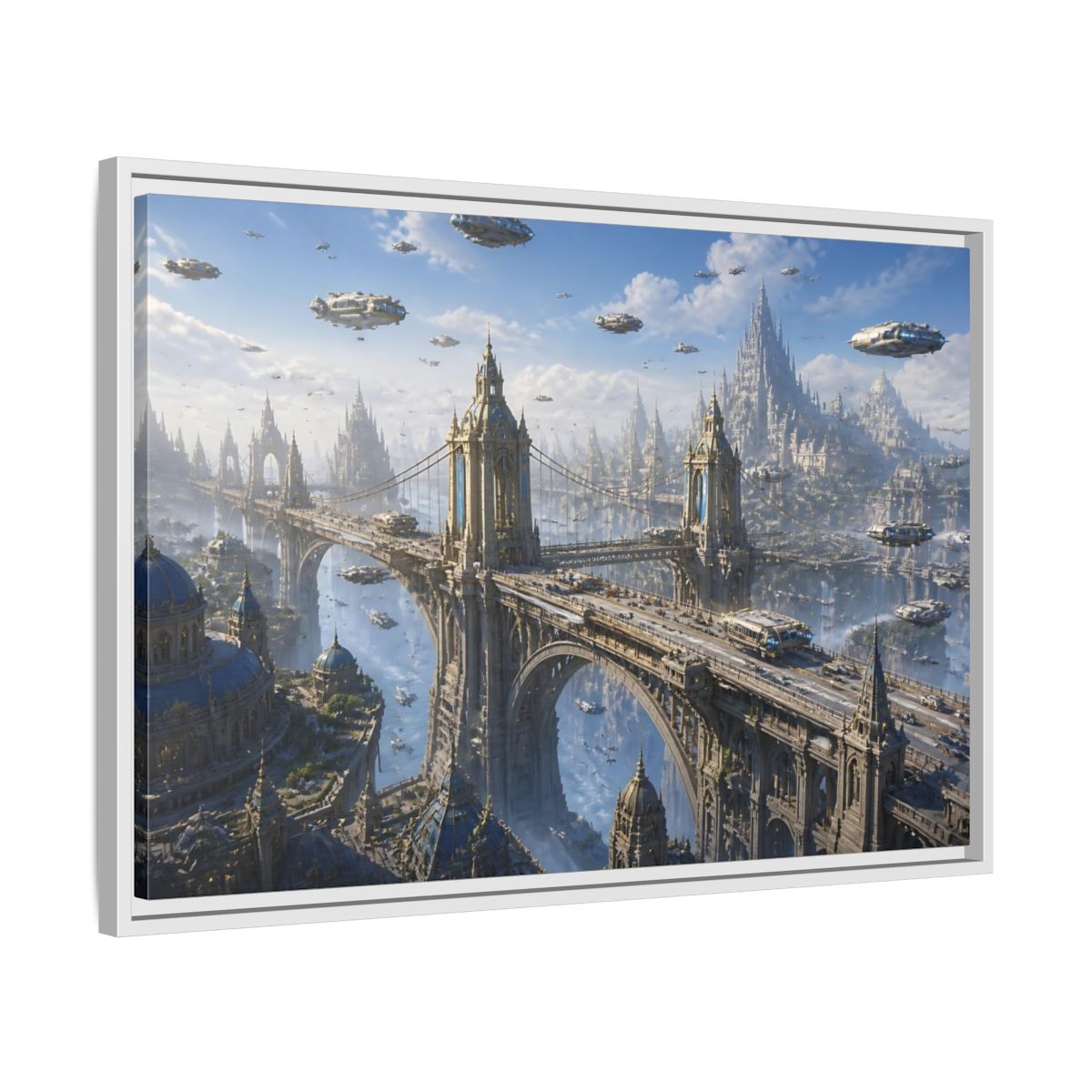 Side Mockup 10. Skyborne City Bridge shown as framed canvas print