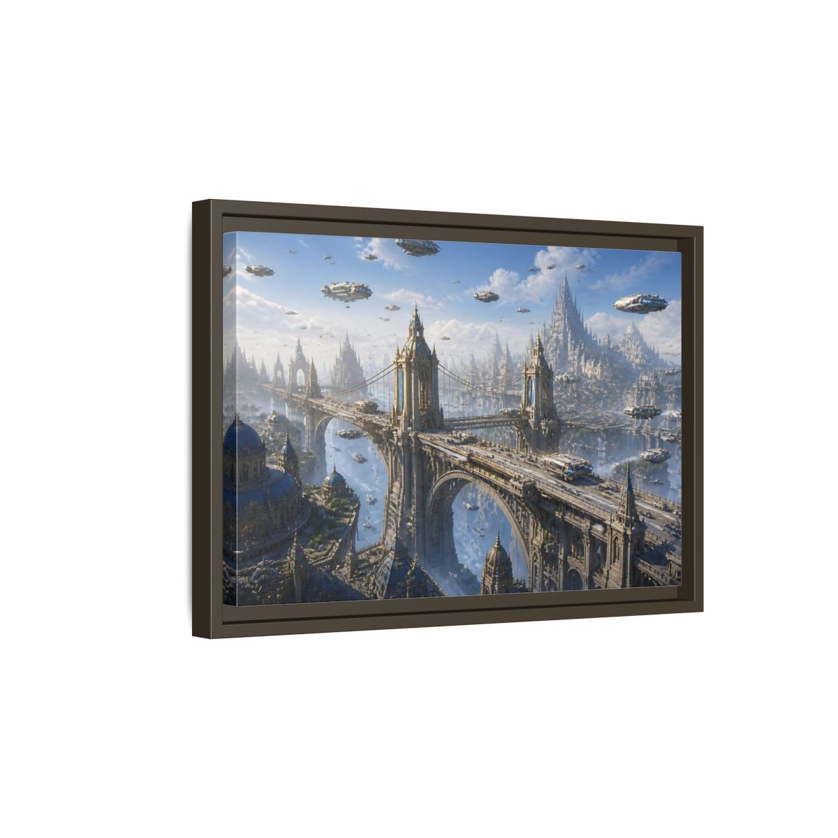Side Mockup 5. Skyborne City Bridge shown as framed canvas print