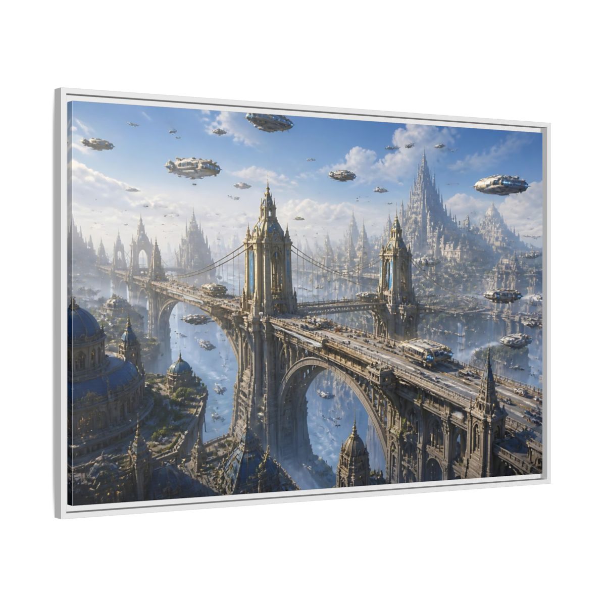 Side Mockup 7. Skyborne City Bridge shown as framed canvas print