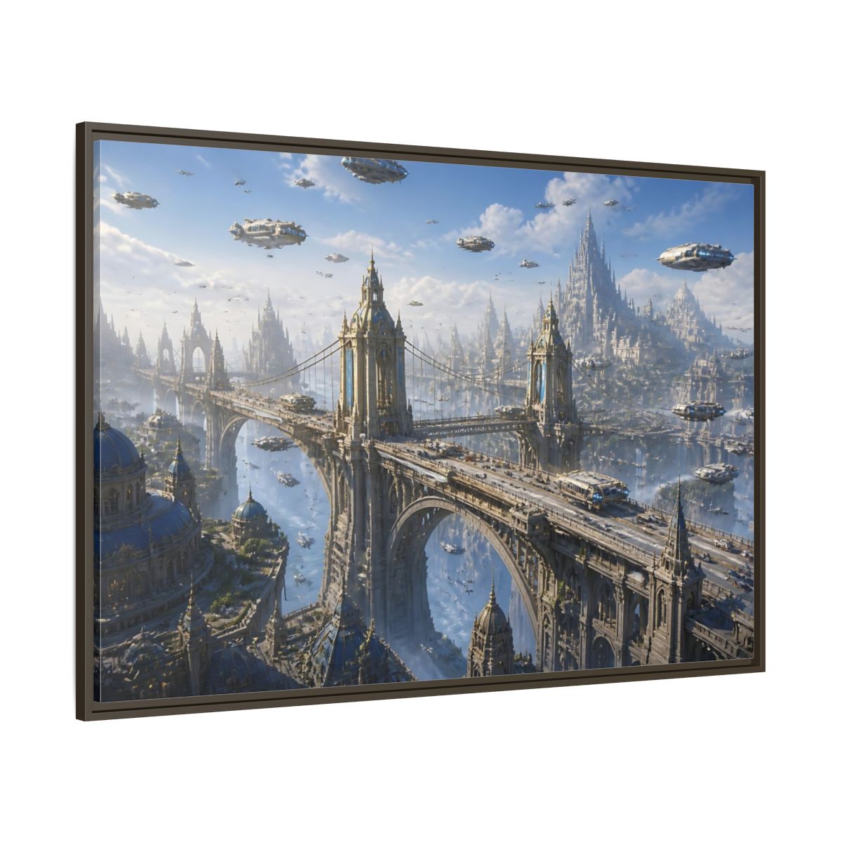 Side Mockup 8. Skyborne City Bridge shown as framed canvas print
