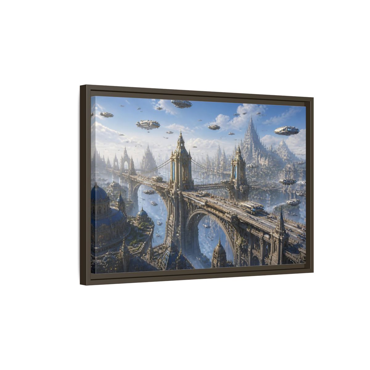 Side Mockup 2. Skyborne City Bridge shown as framed canvas print