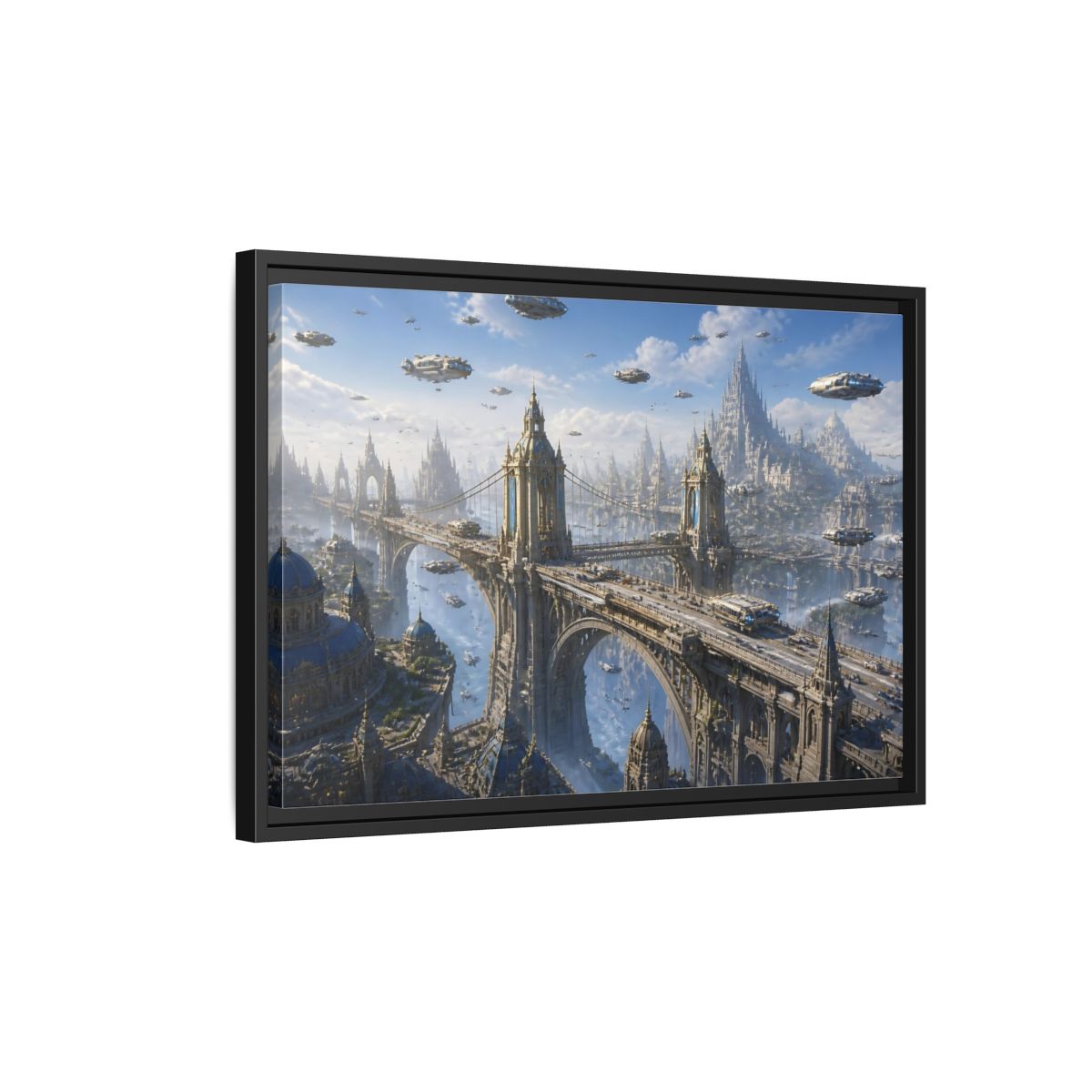 Side Mockup 3. Skyborne City Bridge shown as framed canvas print