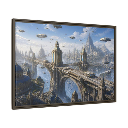 Main Mockup. Skyborne City Bridge shown as framed canvas print