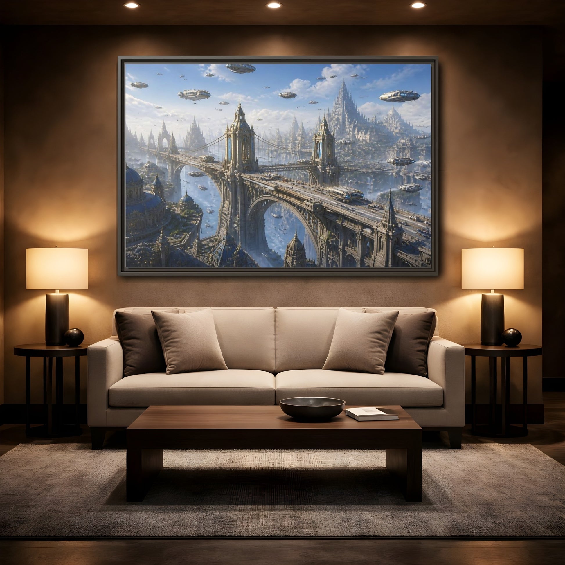 Mockup 2. Skyborne City Bridge shown as framed canvas print