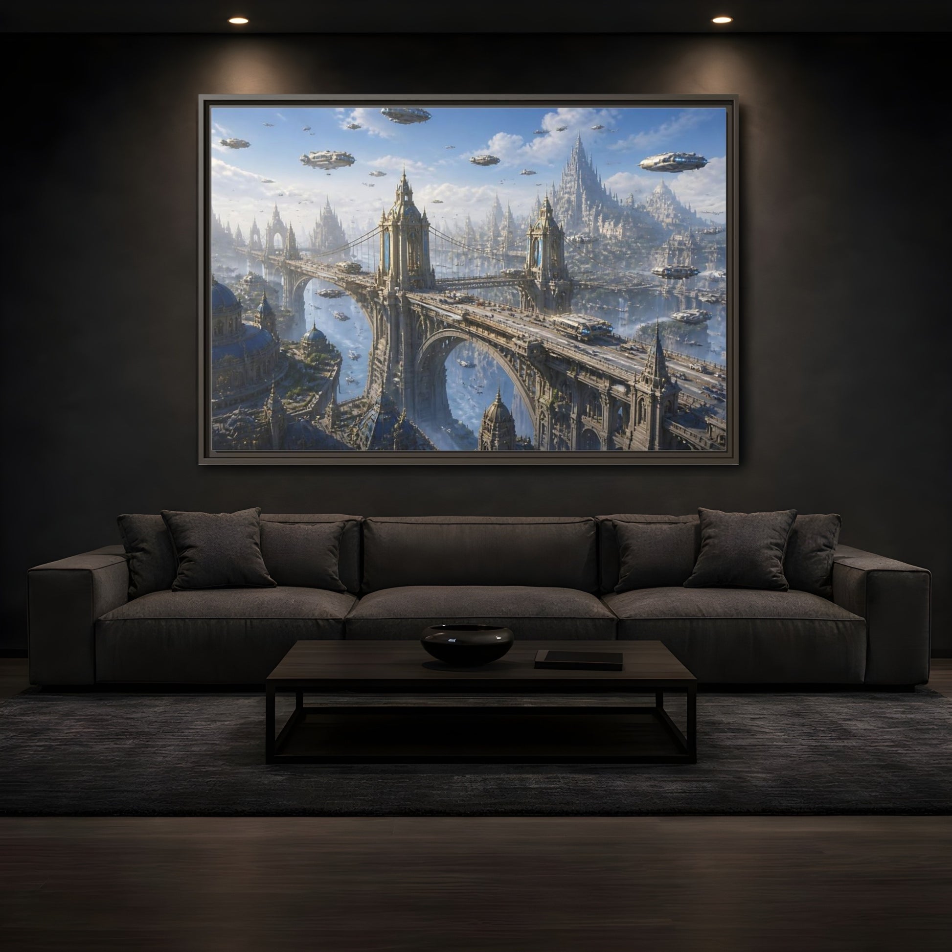 Mockup 3. Skyborne City Bridge shown as framed canvas print