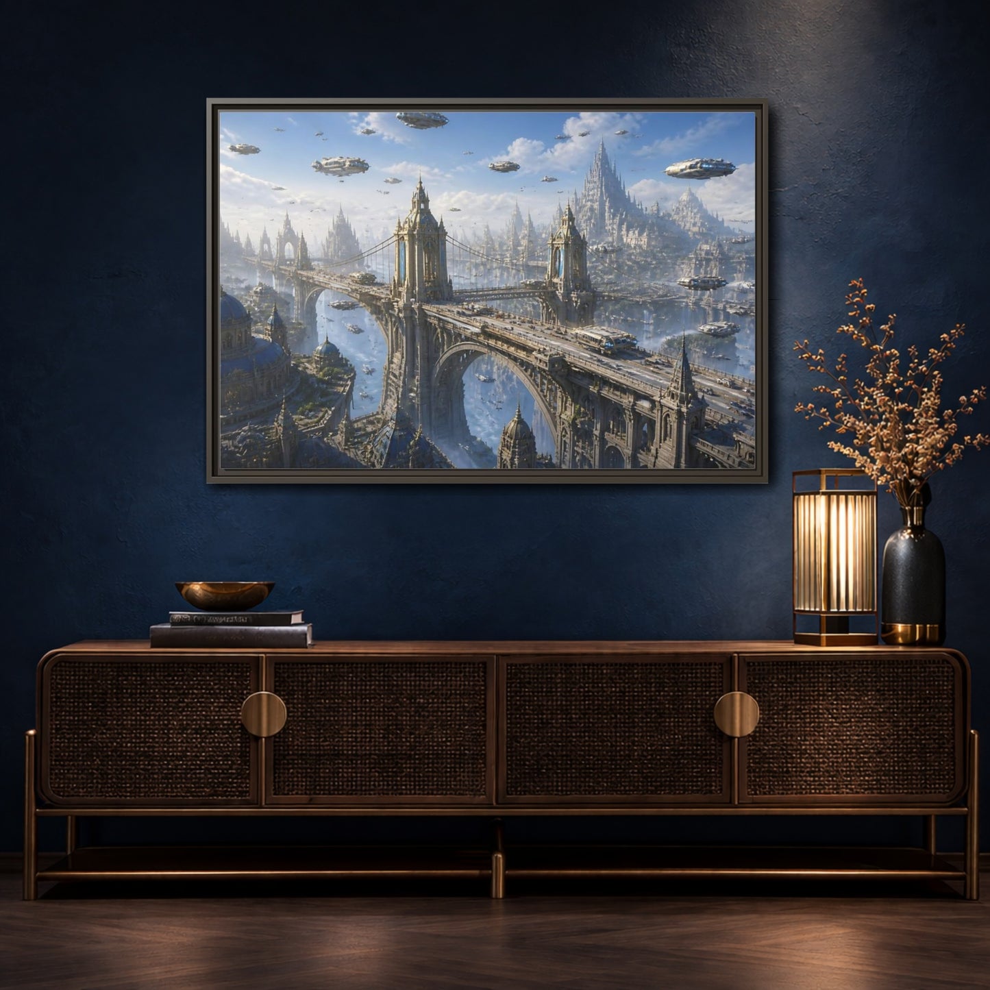 Mockup 4. Skyborne City Bridge shown as framed canvas print