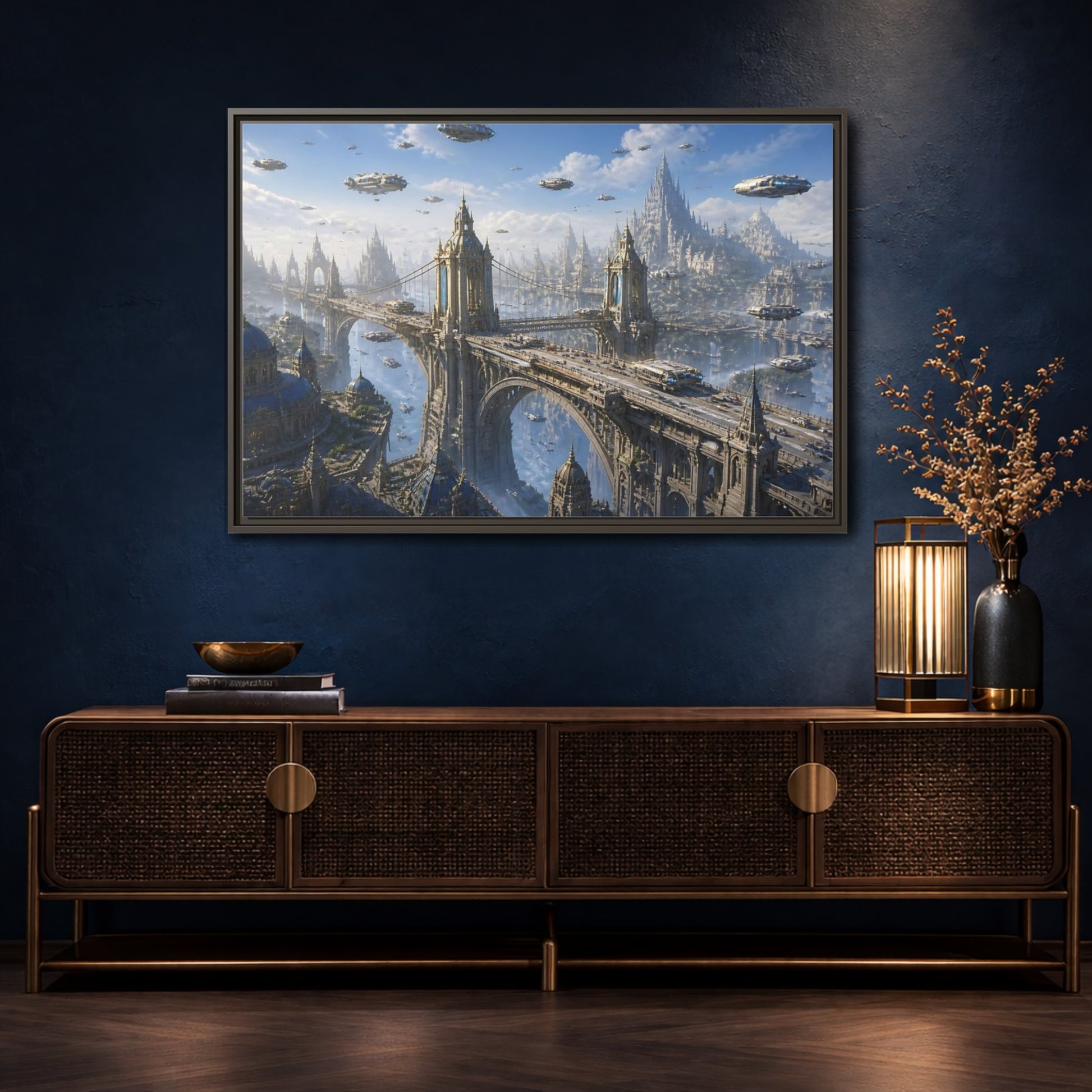 Mockup 4. Skyborne City Bridge shown as framed canvas print