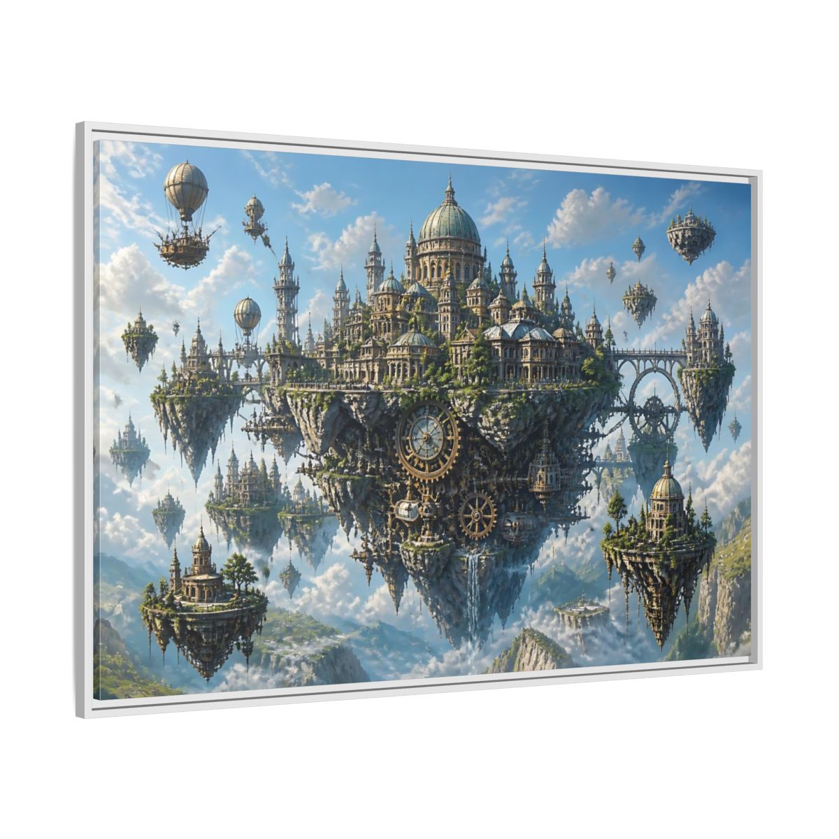 Side Mockup 7. Skybound Clockwork City shown as framed canvas print
