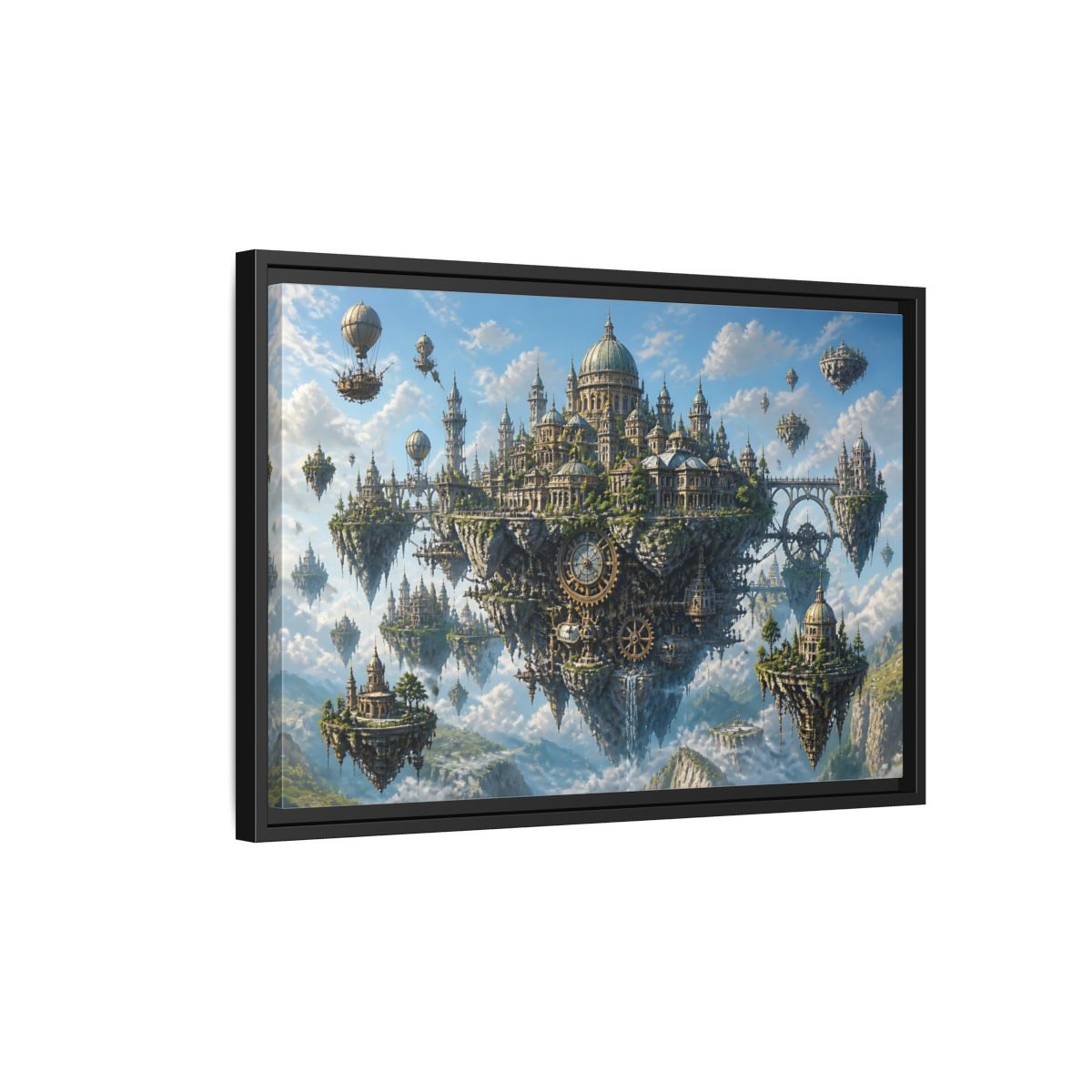Side Mockup 3. Skybound Clockwork City shown as framed canvas print