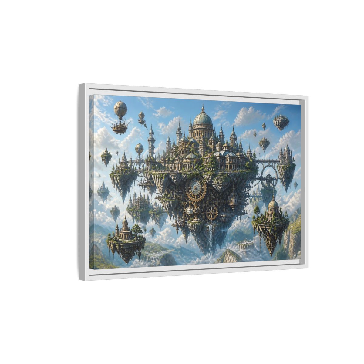 Side Mockup 1. Skybound Clockwork City shown as framed canvas print