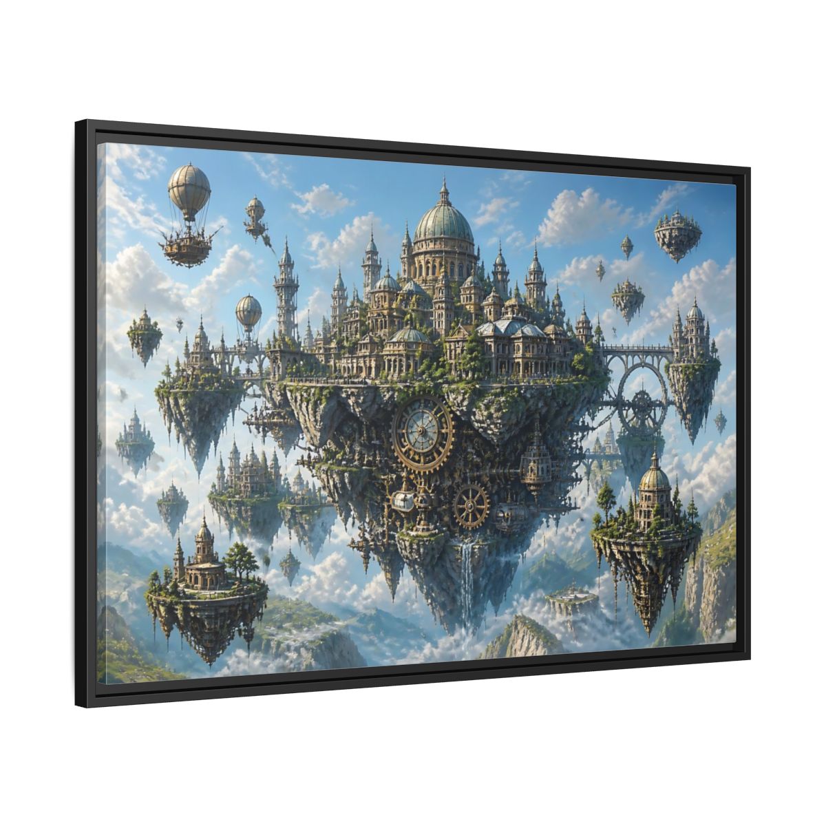 Side Mockup 13. Skybound Clockwork City shown as framed canvas print