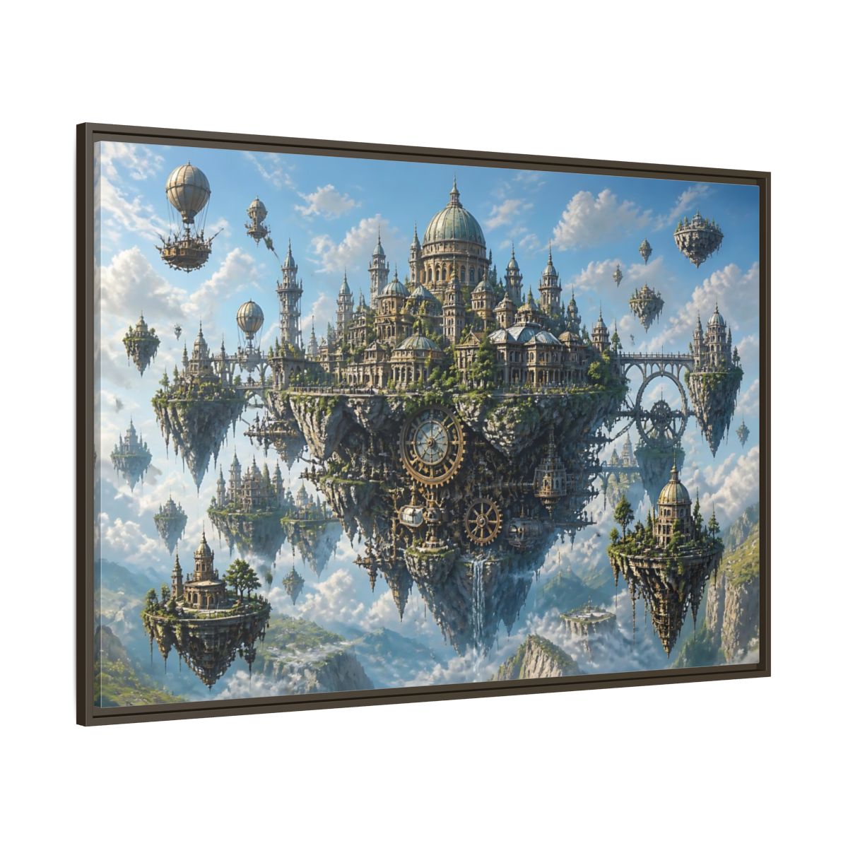 Side Mockup 8. Skybound Clockwork City shown as framed canvas print