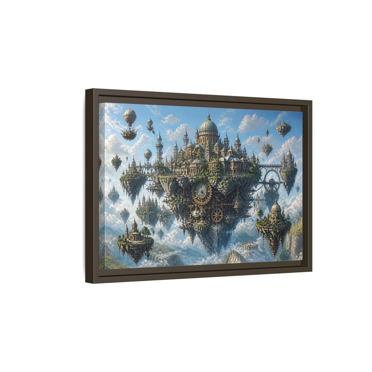Side Mockup 5. Skybound Clockwork City shown as framed canvas print