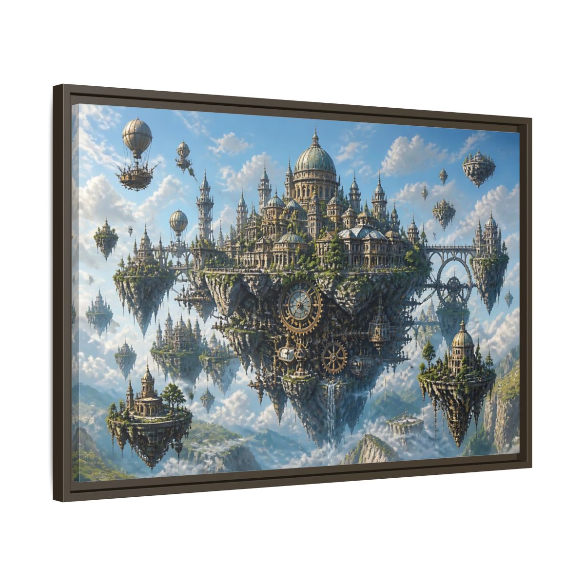 Side Mockup 11. Skybound Clockwork City shown as framed canvas print