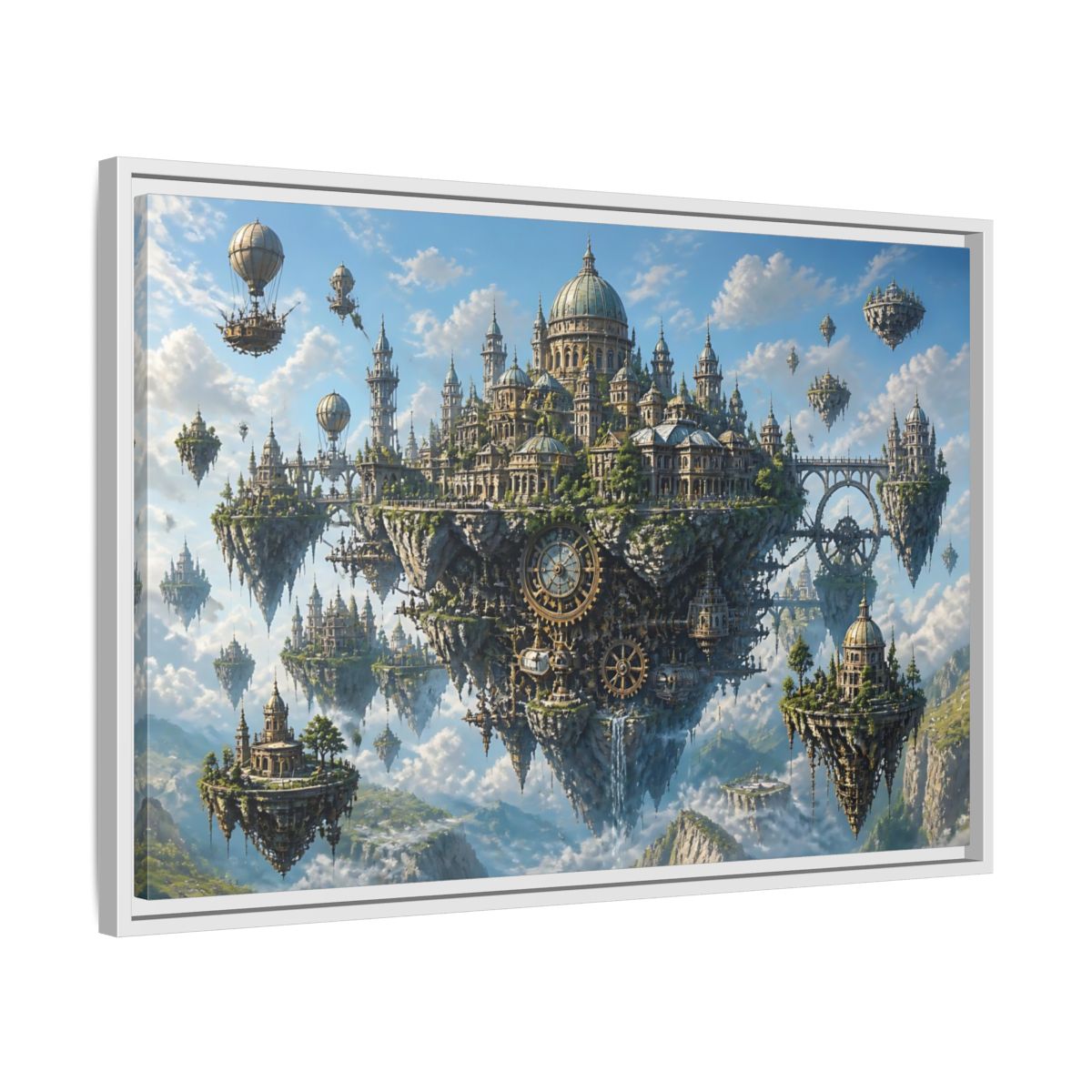 Side Mockup 10. Skybound Clockwork City shown as framed canvas print