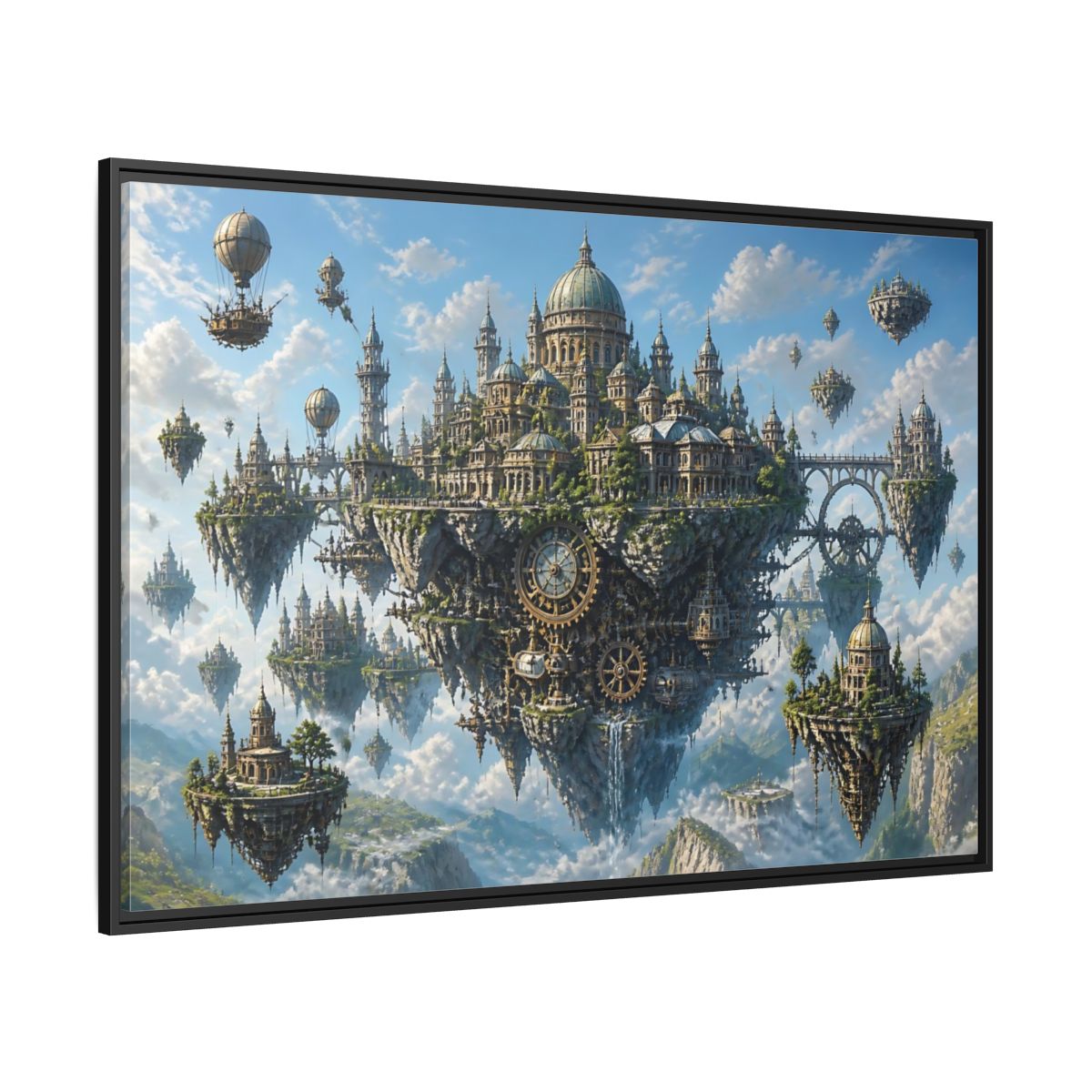Side Mockup 12. Skybound Clockwork City shown as framed canvas print