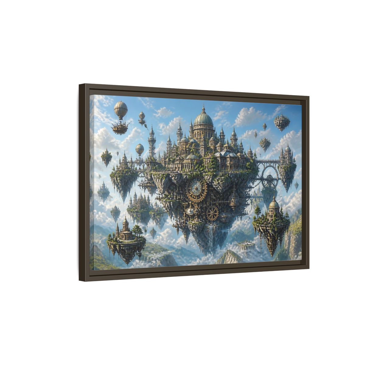 Side Mockup 2. Skybound Clockwork City shown as framed canvas print