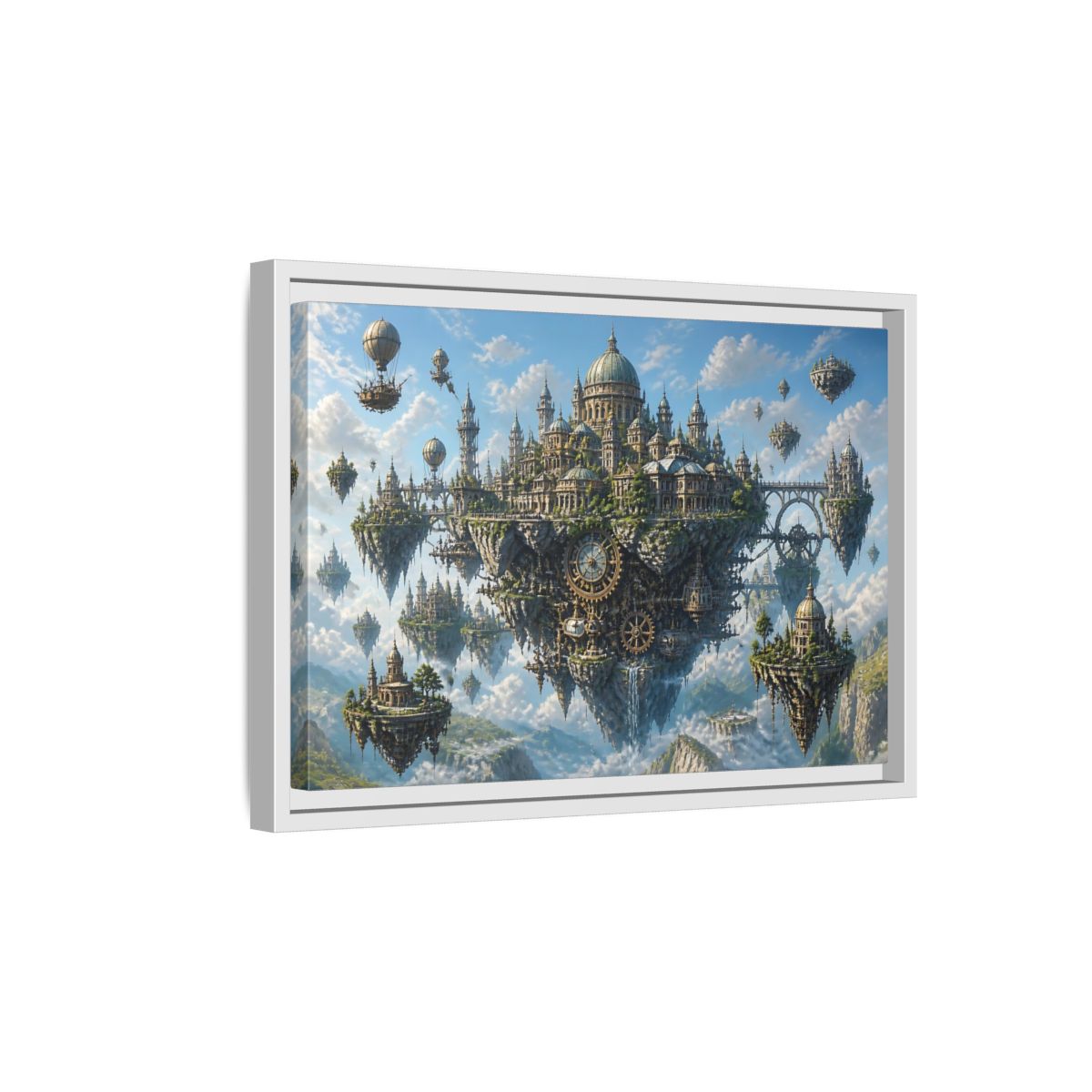 Side Mockup 4. Skybound Clockwork City shown as framed canvas print