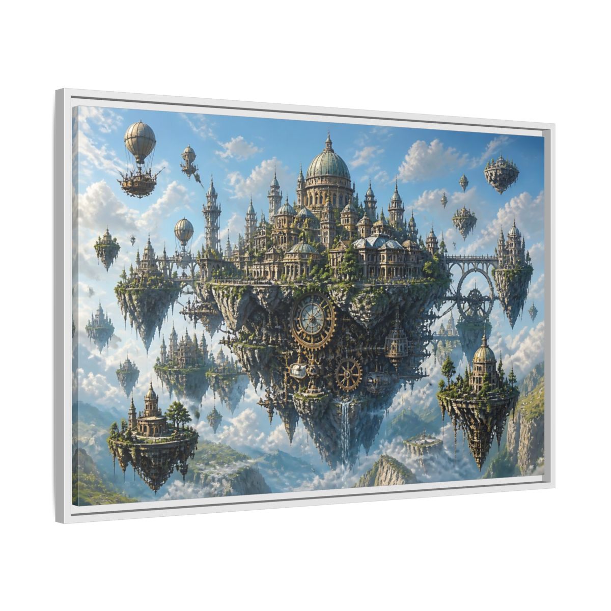 Side Mockup 9. Skybound Clockwork City shown as framed canvas print