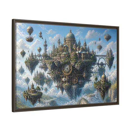 Main Mockup. Skybound Clockwork City shown as framed canvas print