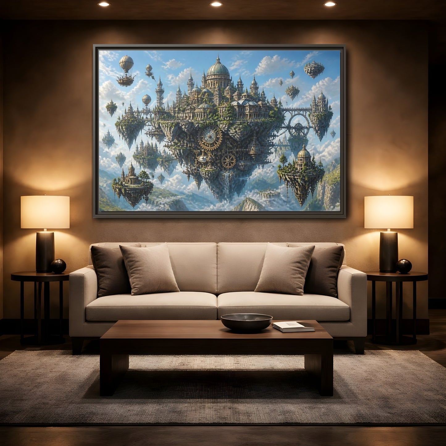 Mockup 2. Skybound Clockwork City shown as framed canvas print