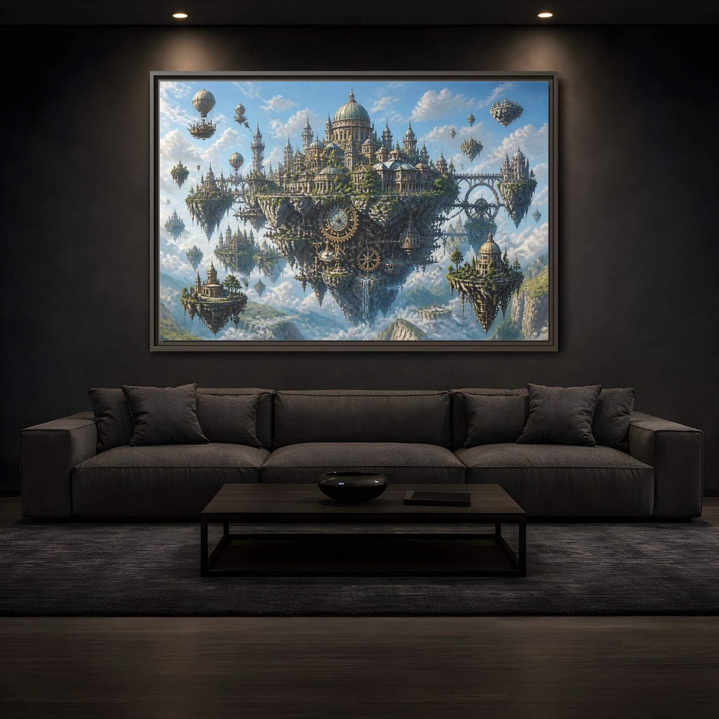 Mockup 3. Skybound Clockwork City shown as framed canvas print