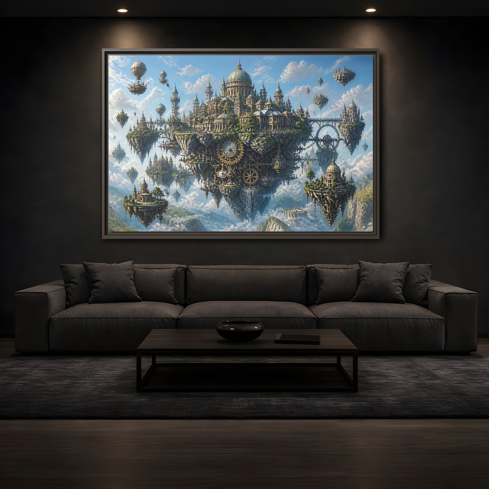 Mockup 3. Skybound Clockwork City shown as framed canvas print